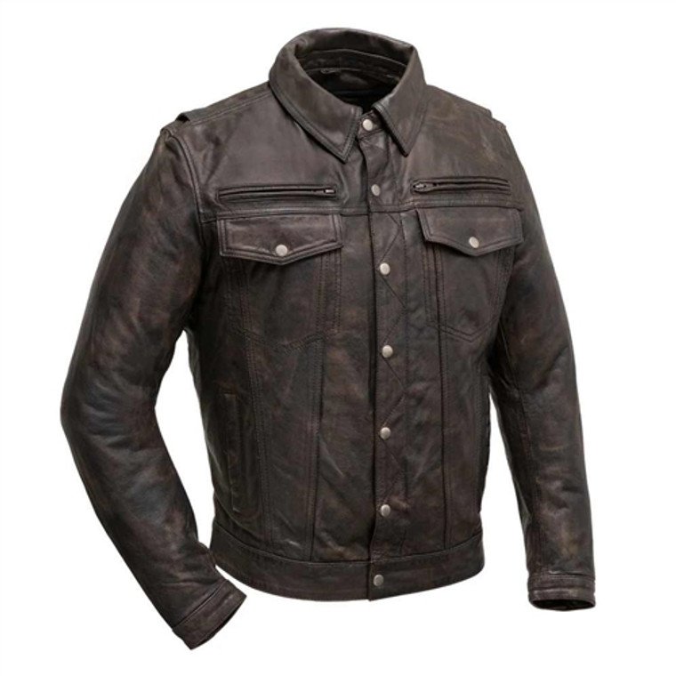 Distressed Brown Leather Motorcycle Jacket w/ Collar