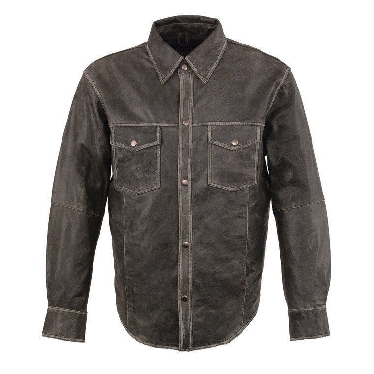 Men's Distressed Gray Leather Motorcycle Shirt