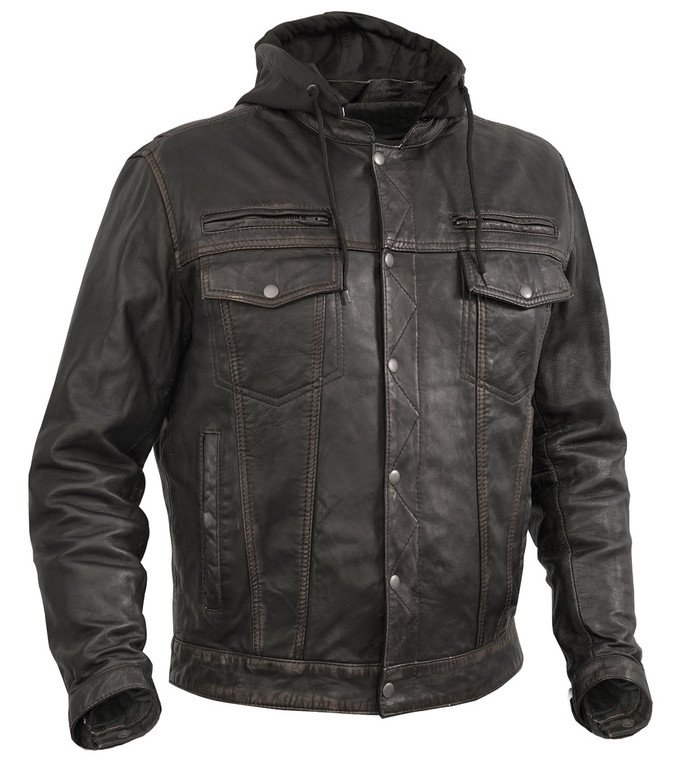 Hooded Distressed Leather Motorcycle Jacket