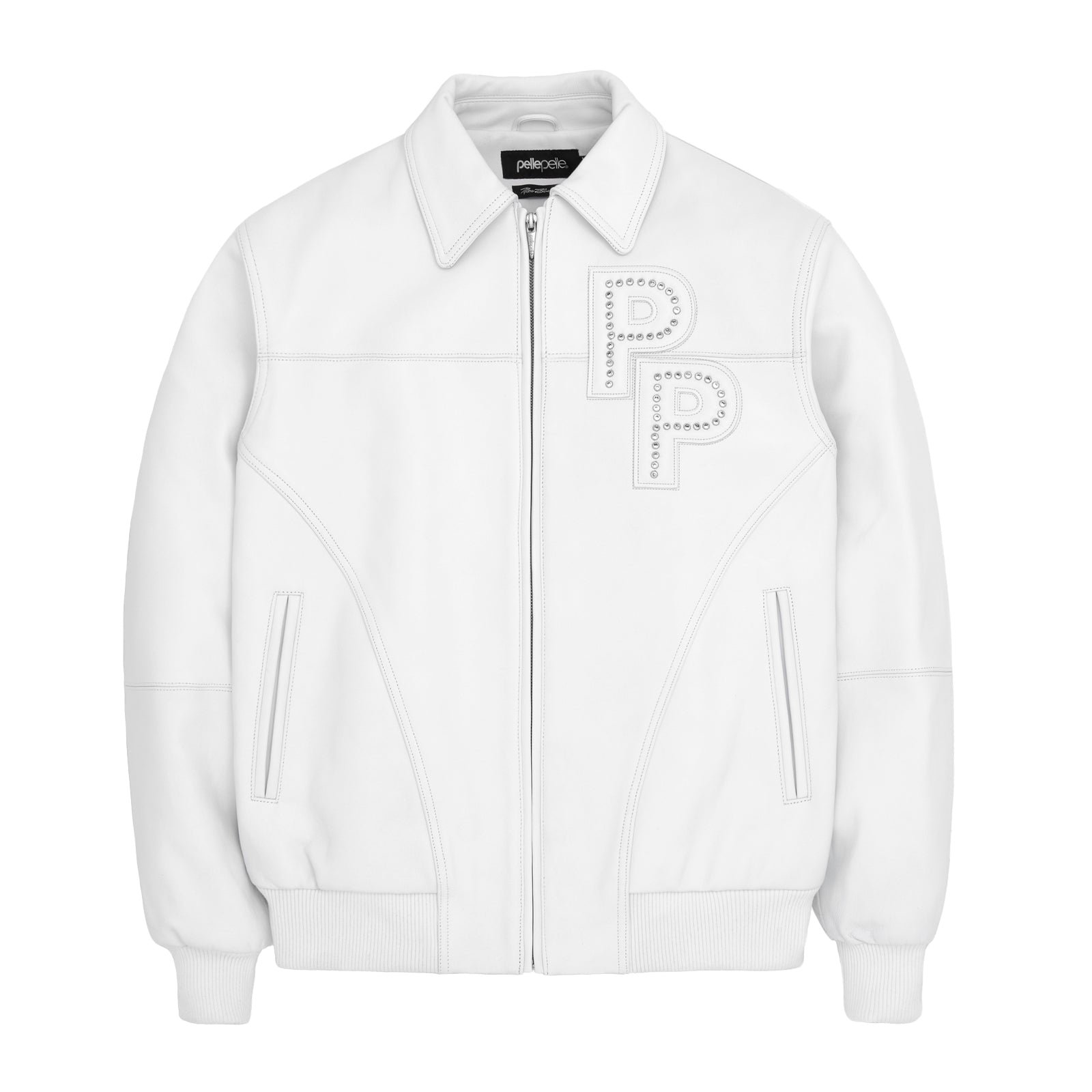 MEN'S WHITE PREMIUM COWHIDE LEATHER JACKET - PELLE PELLE STYLE WITH RED TRIM & EMBROIDERED LOGO