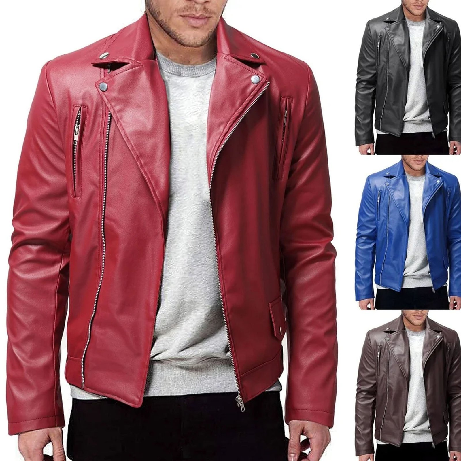TURN-DOWN COLLAR MOTORCYCLE LEATHER JACKETCOAT