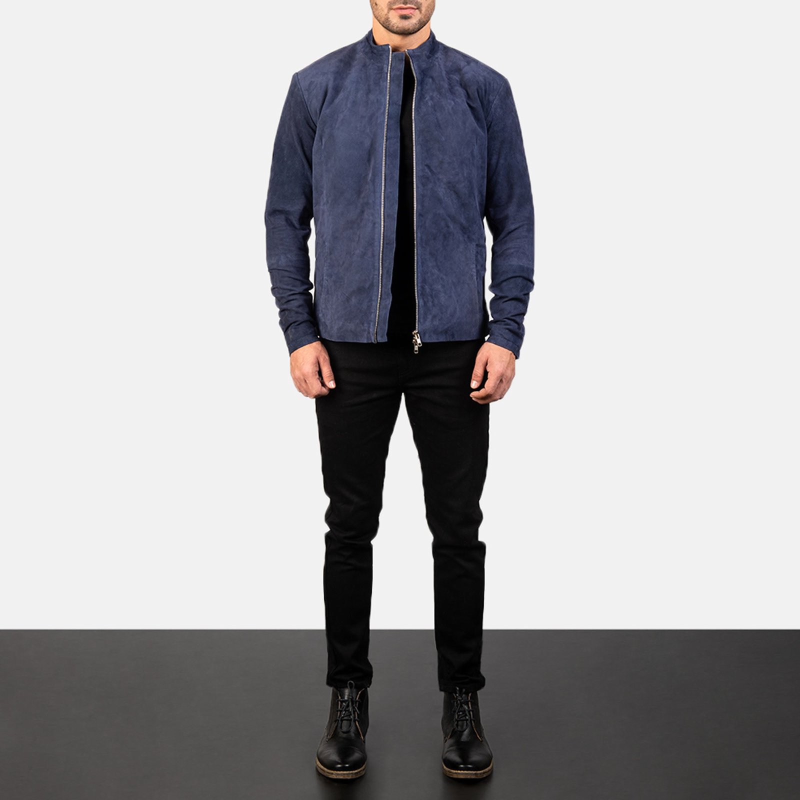 CHARCOAL NAVY BLUE SUEDE BIKER JACKET