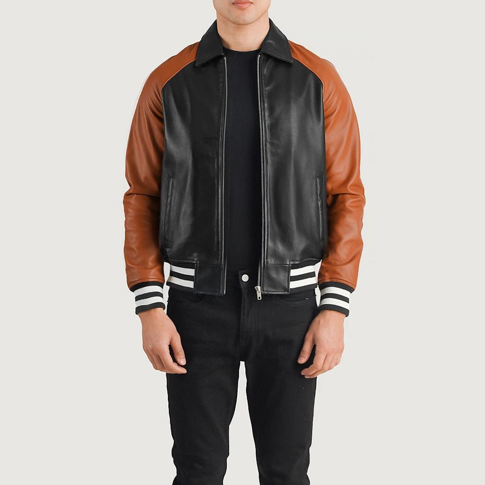 WALTON BLACK & BROWN LEATHER VARSITY JACKET