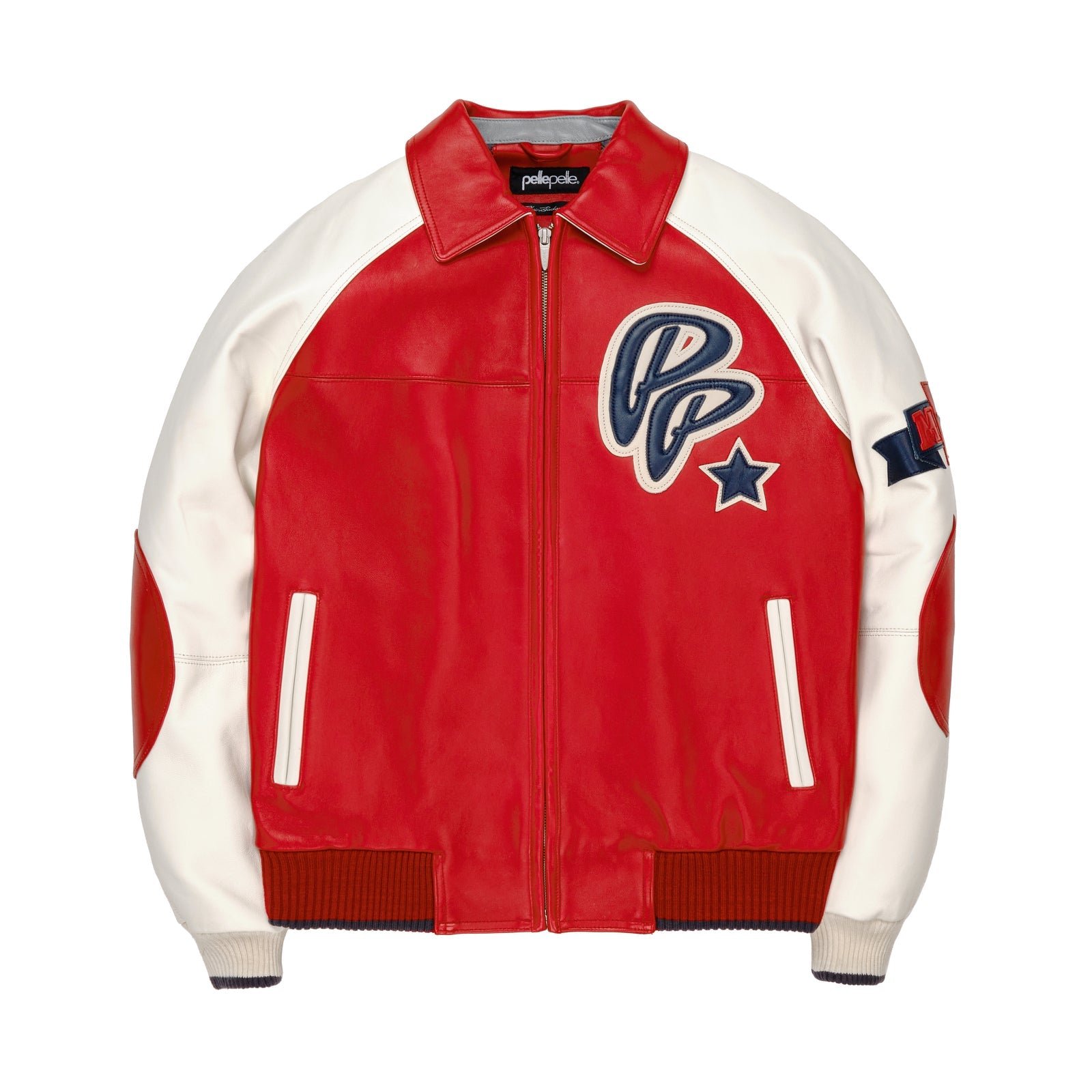 PELLE PELLE RED & WHITE COWHIDE LEATHER JACKET FOR MEN ICONIC VARSITY STREETWEAR LOOK