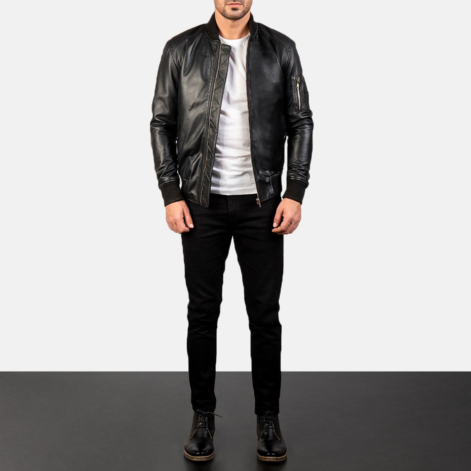 BOMIA MA-1 BLACK LEATHER BOMBER JACKET