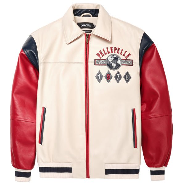 PELLE PELLE SODA CLUB 1978 COWHIDE LEATHER JACKET FOR MEN - RED, NAVY & CREAM VARSITY BOMBER