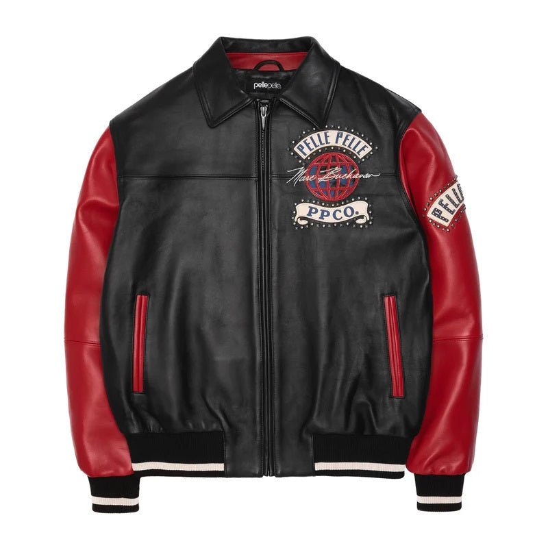 MEN'S PREMIUM BLACK & RED COWHIDE LEATHER JACKET PELLE PELLE - GLOBE LOGO & STUDDED