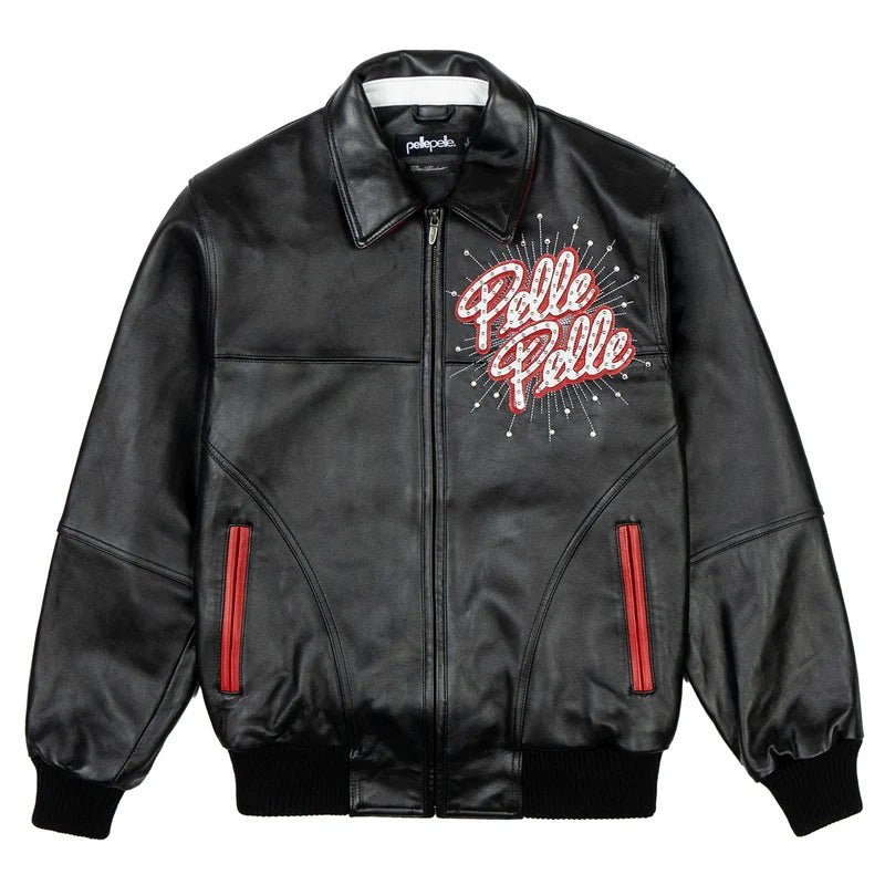 MEN'S BLACK PREMIUM COWHIDE LEATHER JACKET - PELLE PELLE STYLE WITH RED TRIM & EMBROIDERED LOGO