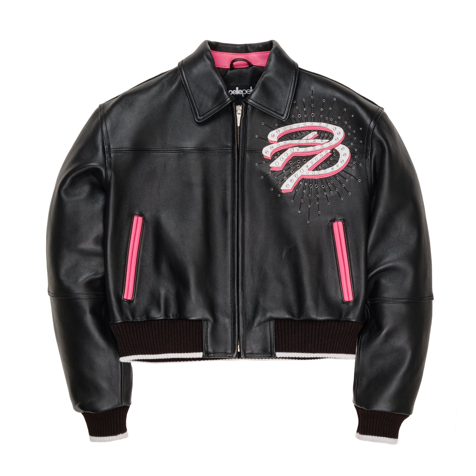WOMEN'S BLACK PELLE PELLE COWHIDE LEATHER JACKET WITH PINK ACCENTS - PREMIUM DESIGNER STREETWEAR