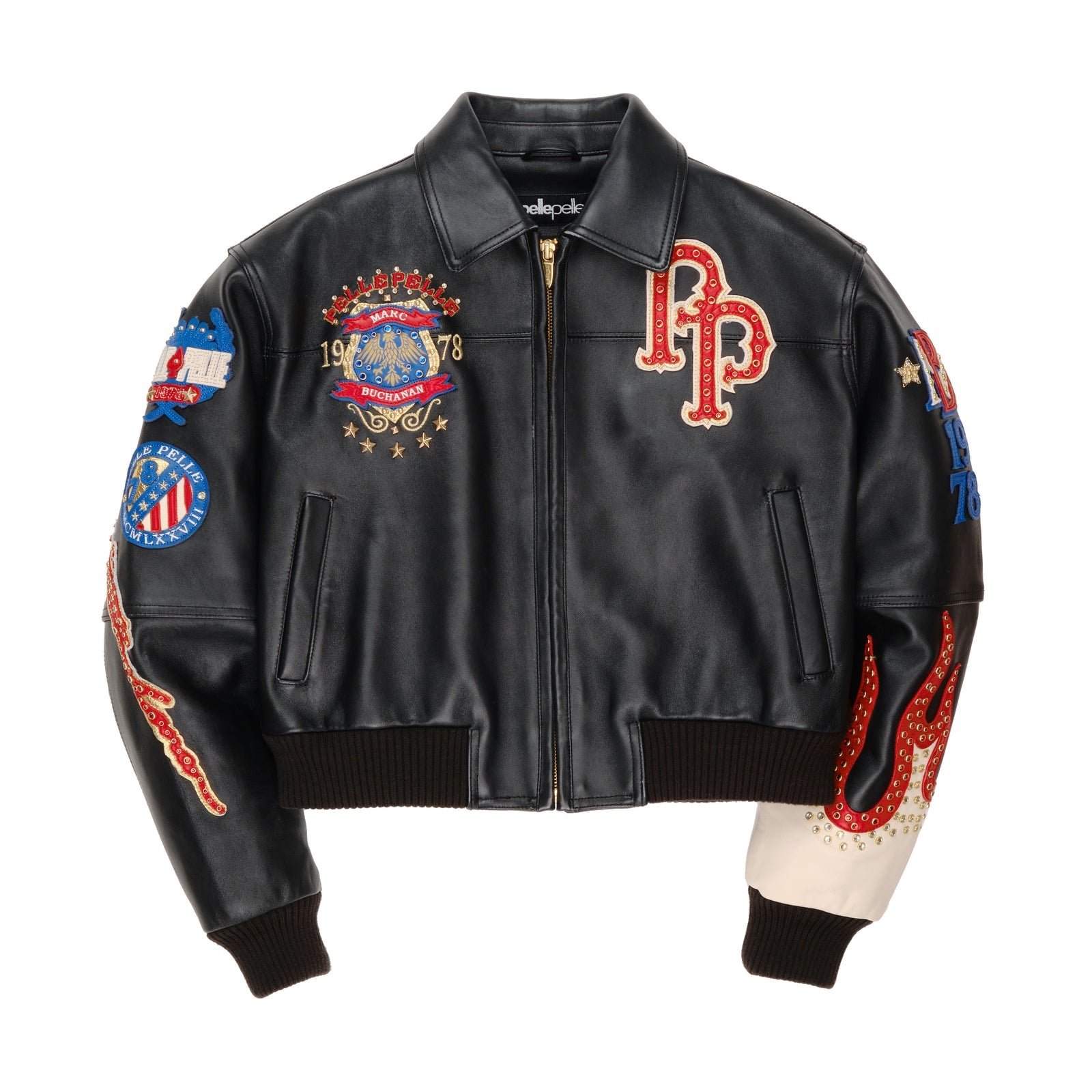 WOMEN'S PELLE PELLE BLACK PREMIUM COWHIDE LEATHER JACKET - EMBROIDERED & STUDDED DESIGNER OUTERWEAR