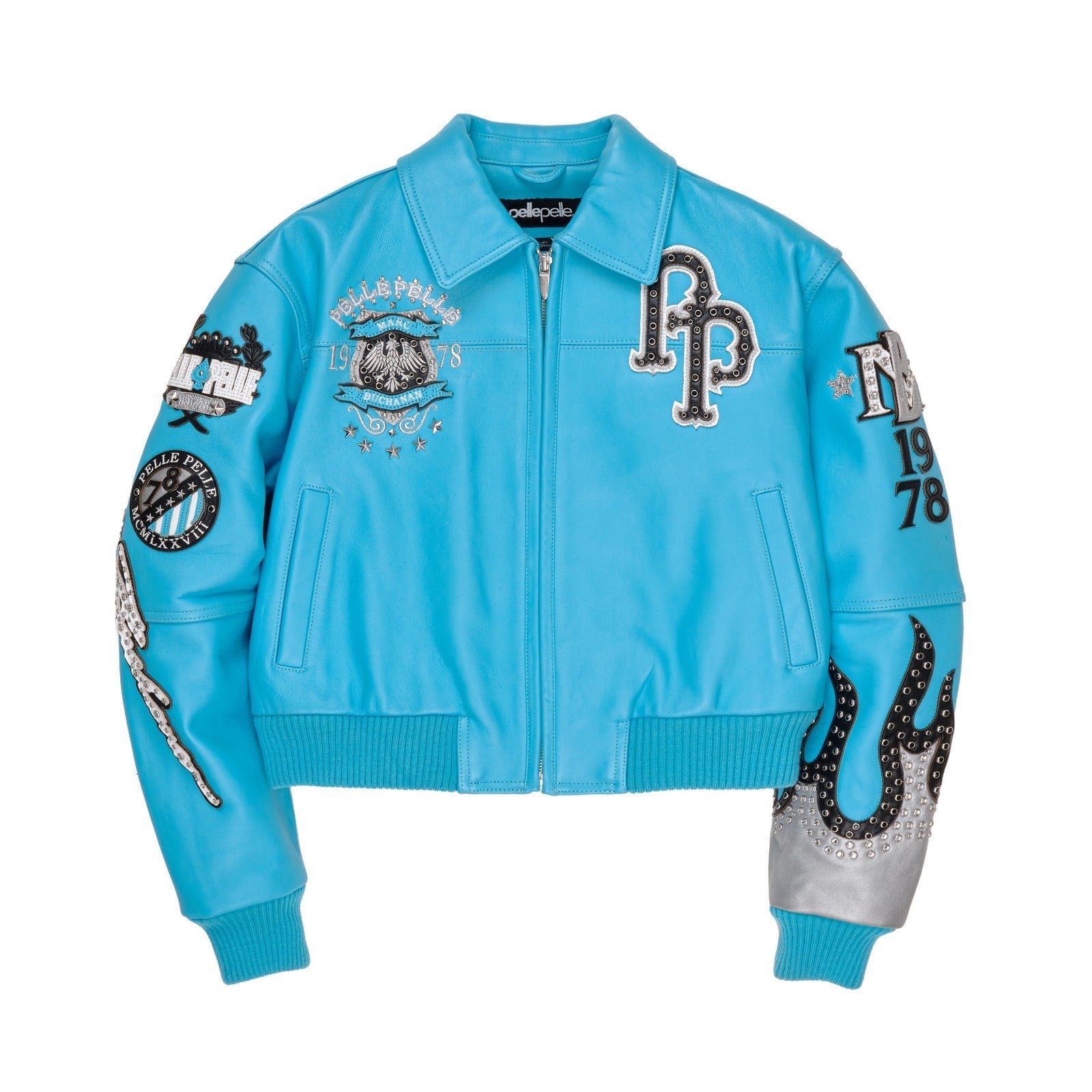 PELLE PELLE TURQUOISE COWHIDE LEATHER JACKET FOR WOMEN EMBELLISHED BOMBER WITH STUDDED ART PATCHES