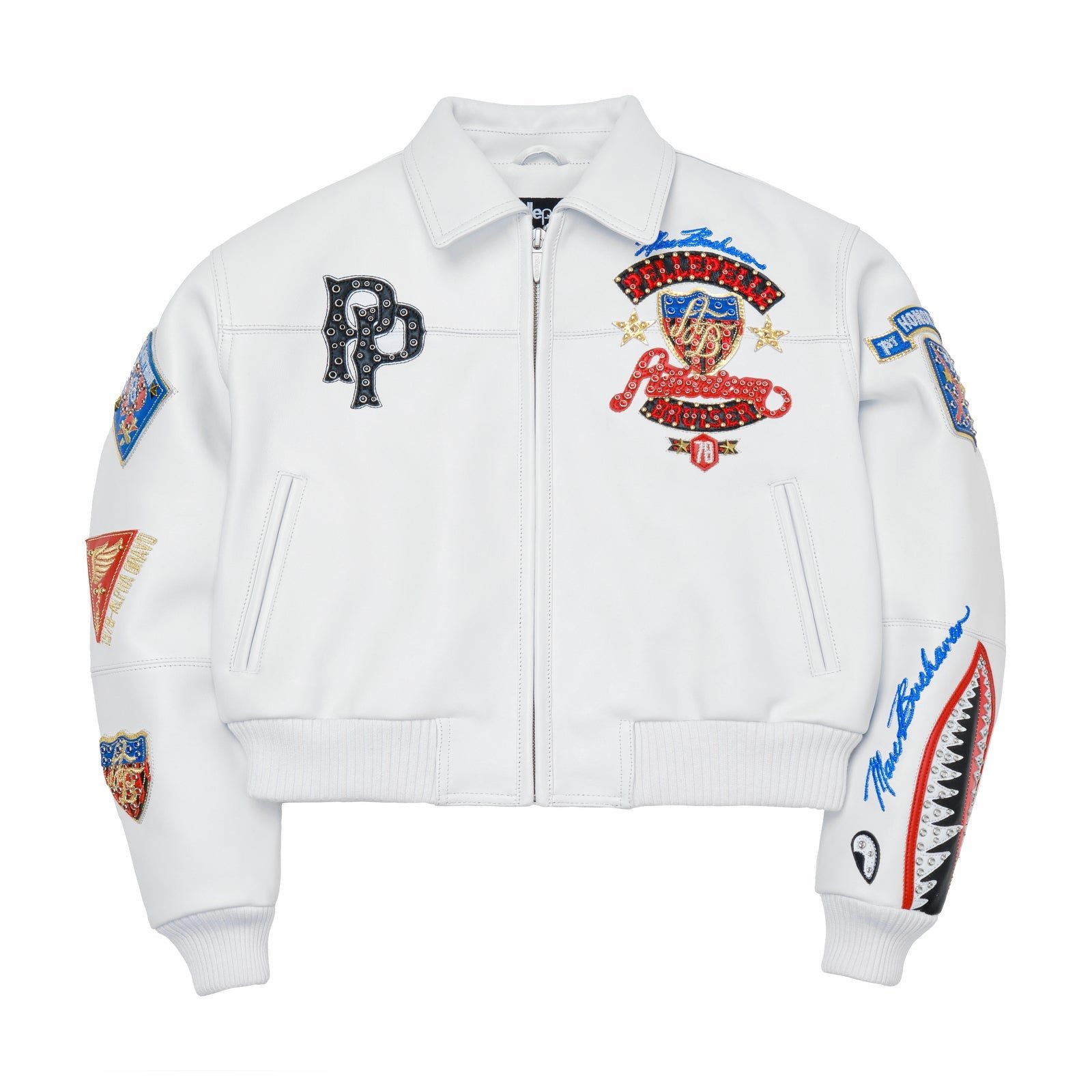 PELLE PELLE WHITE COWHIDE LEATHER BOMBER JACKET FOR WOMEN - EMBROIDERED VARSITY STYLE