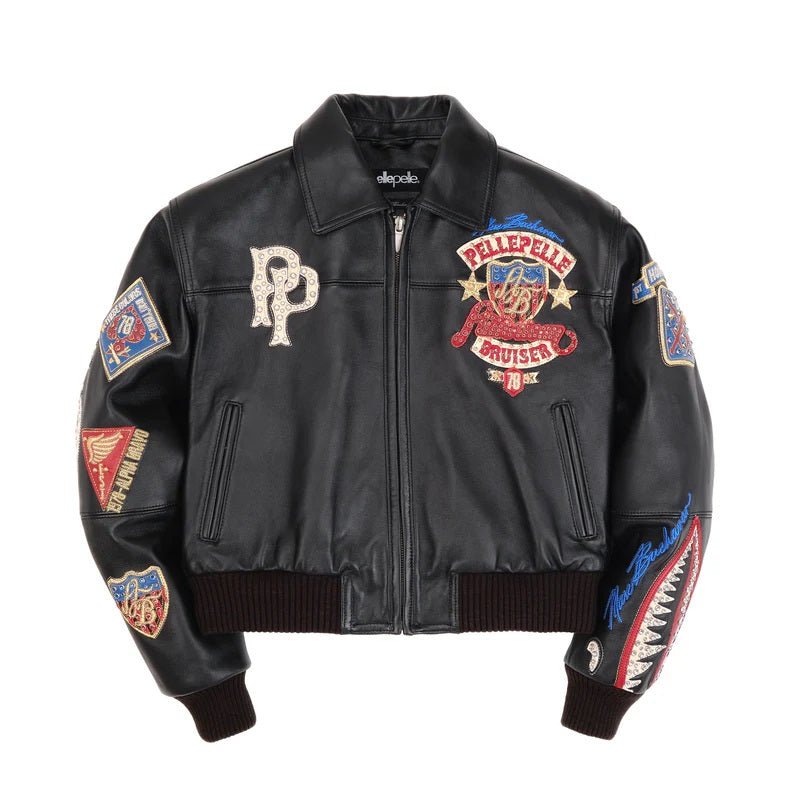 BLACK EMBROIDERED BOMBER JACKET FOR WOMEN - PREMIUM COWHIDE LEATHER WITH PELLE PELLE STYLE BADGES & STREET PATCHWORK
