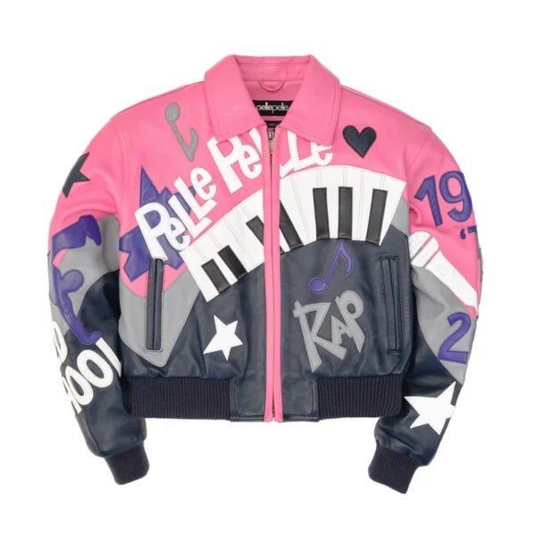 RETRO PINK & NAVY MUSIC- THEMED COWHIDE LEATHER JACKET FOR WOMEN - LIMITED EDITION PELLE PELLE STYLE