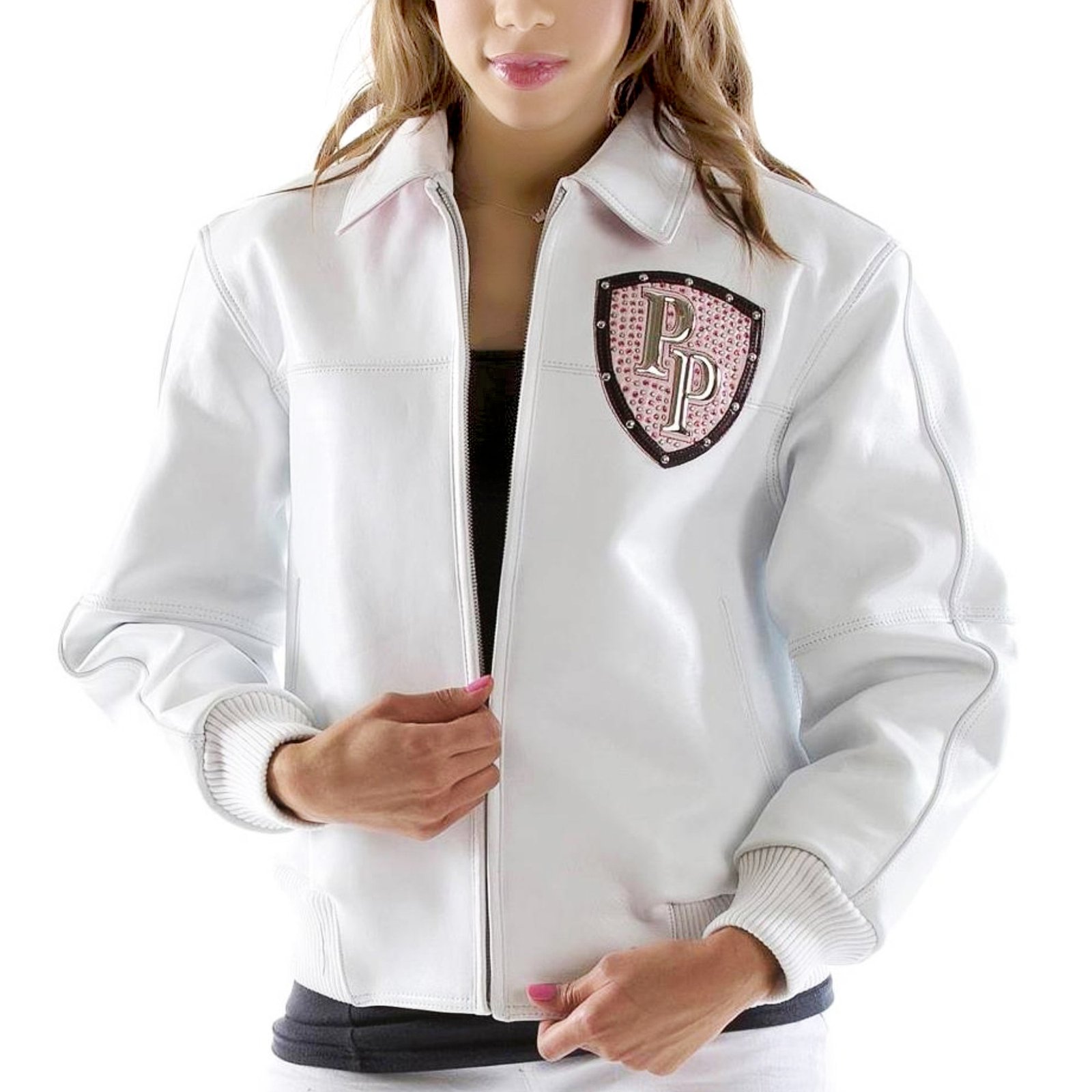 WOMEN'S WHITE PELLE PELLE PINK STUDDED PP SHIELD JACKET PREMIUM COWHIDE LEATHER