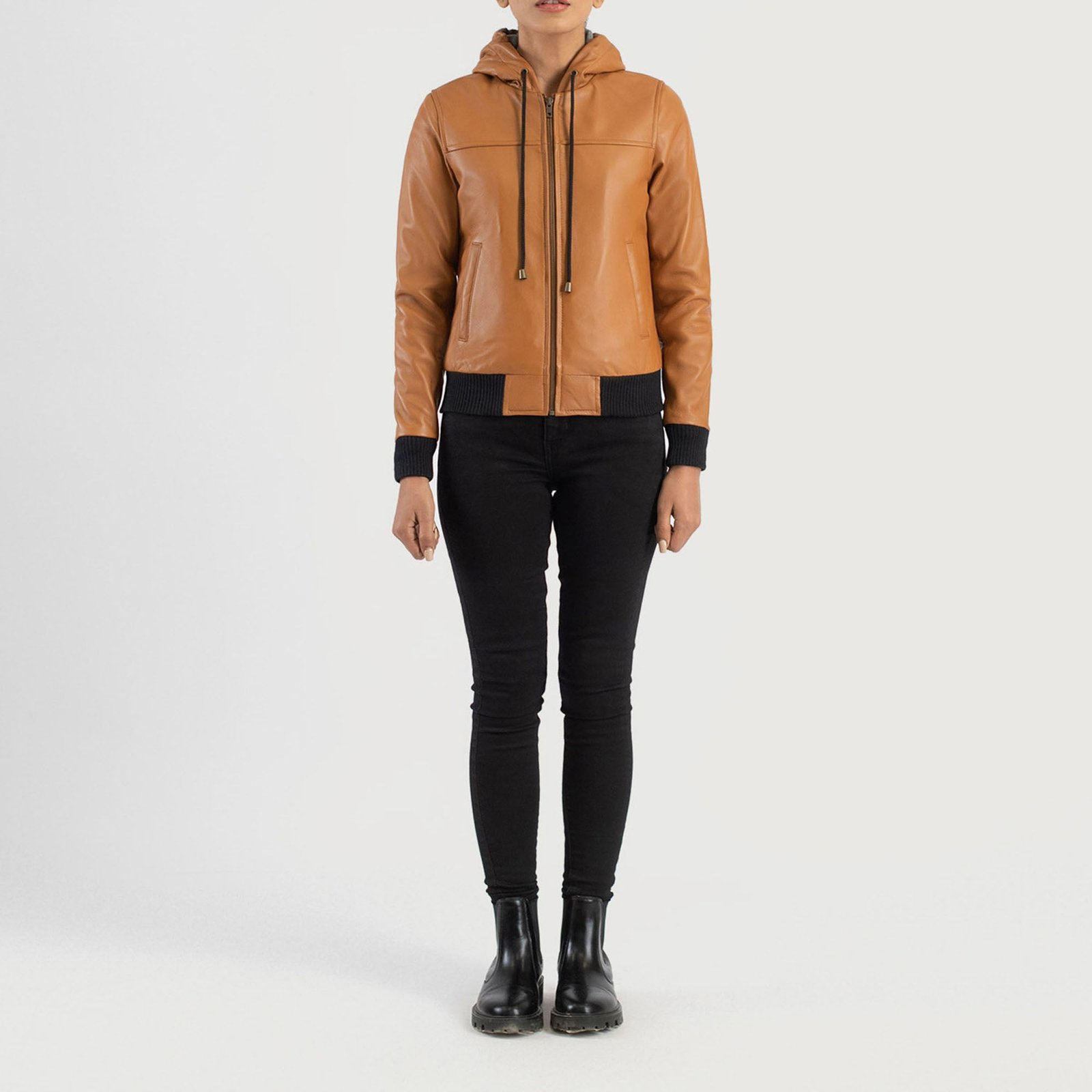 REBELLA BROWN HOODED LEATHER BOMBER JACKET