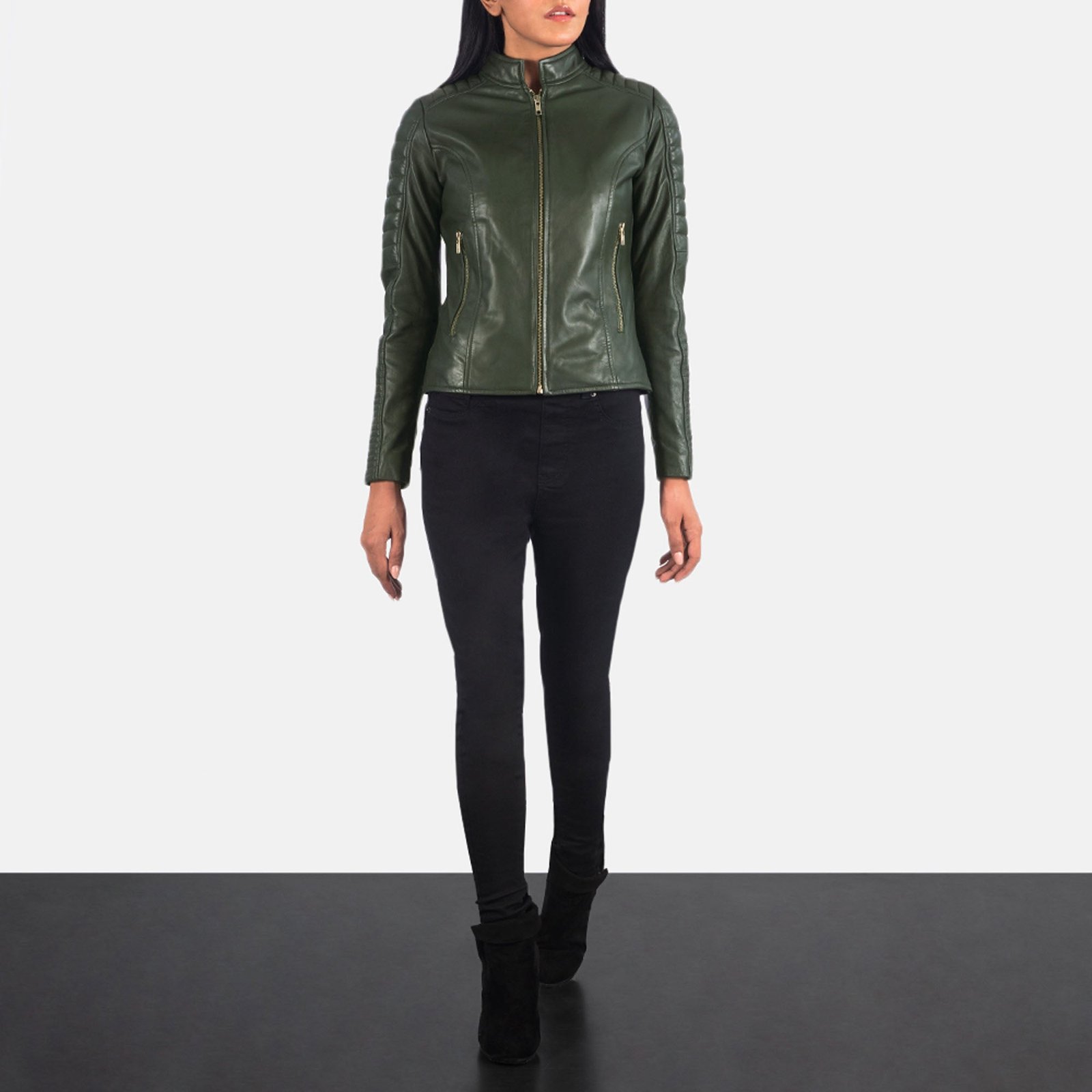 ADALYN QUILTED GREEN LEATHER BIKER JACKET