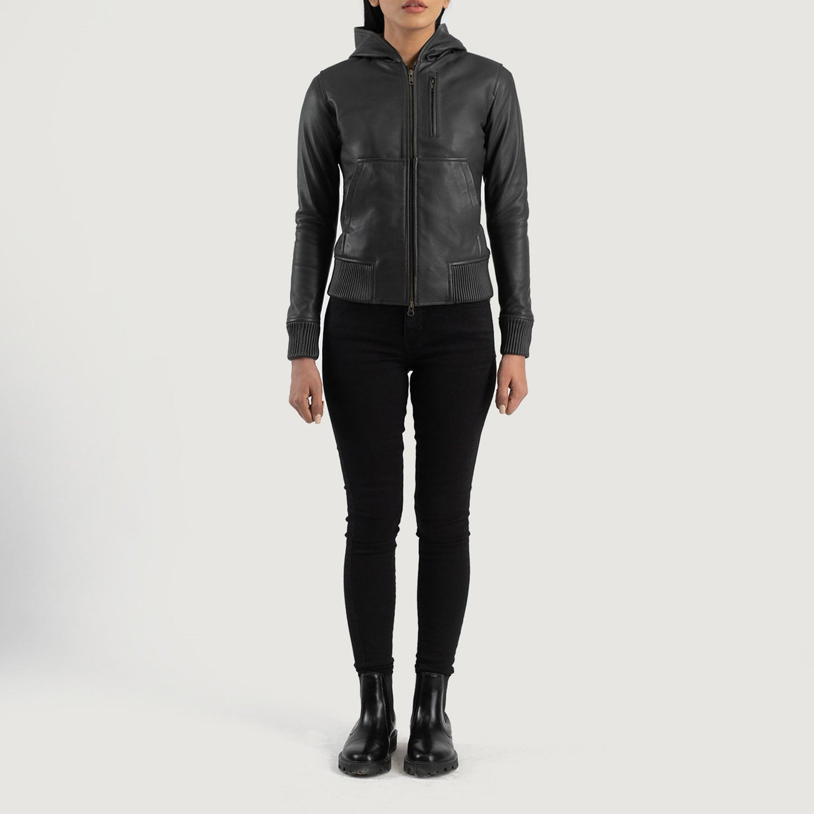LUNA BLACK HOODED LEATHER BOMBER JACKET