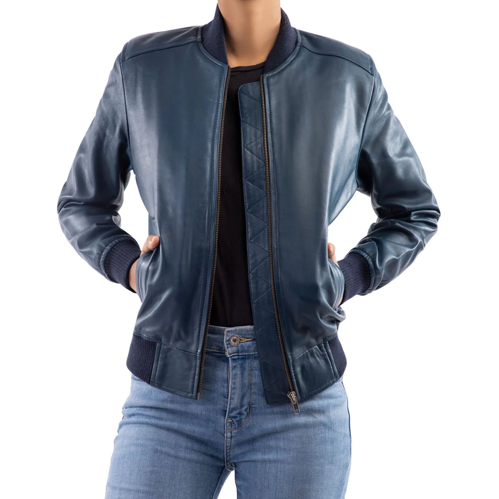 WOMEN'S BOMBER LEATHER JACKET-BLUE