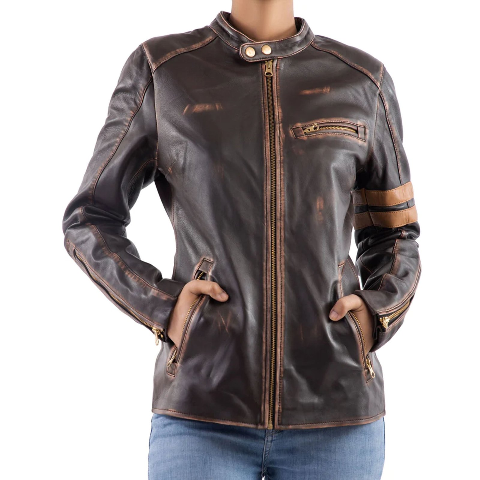 DISTRESSED CAFÉ RACER VINTAGE LEATHER JACKET WOMEN-BROWN